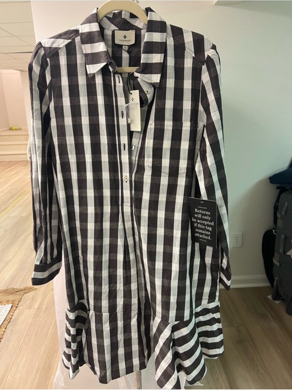 Tuckernuck Button-Front Brown & White Gingham Shirt Dress, NWT
